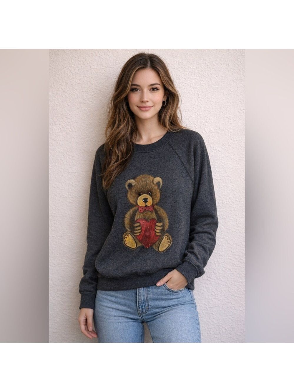 Vintage Teddy Bear Heart Sweater 80s 90s Y2K